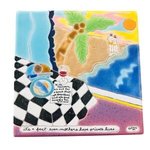 Vtg Signed 1989 Handcrafted Art Tile Beach Coastal Whimsical Ceramic Trivet Boho